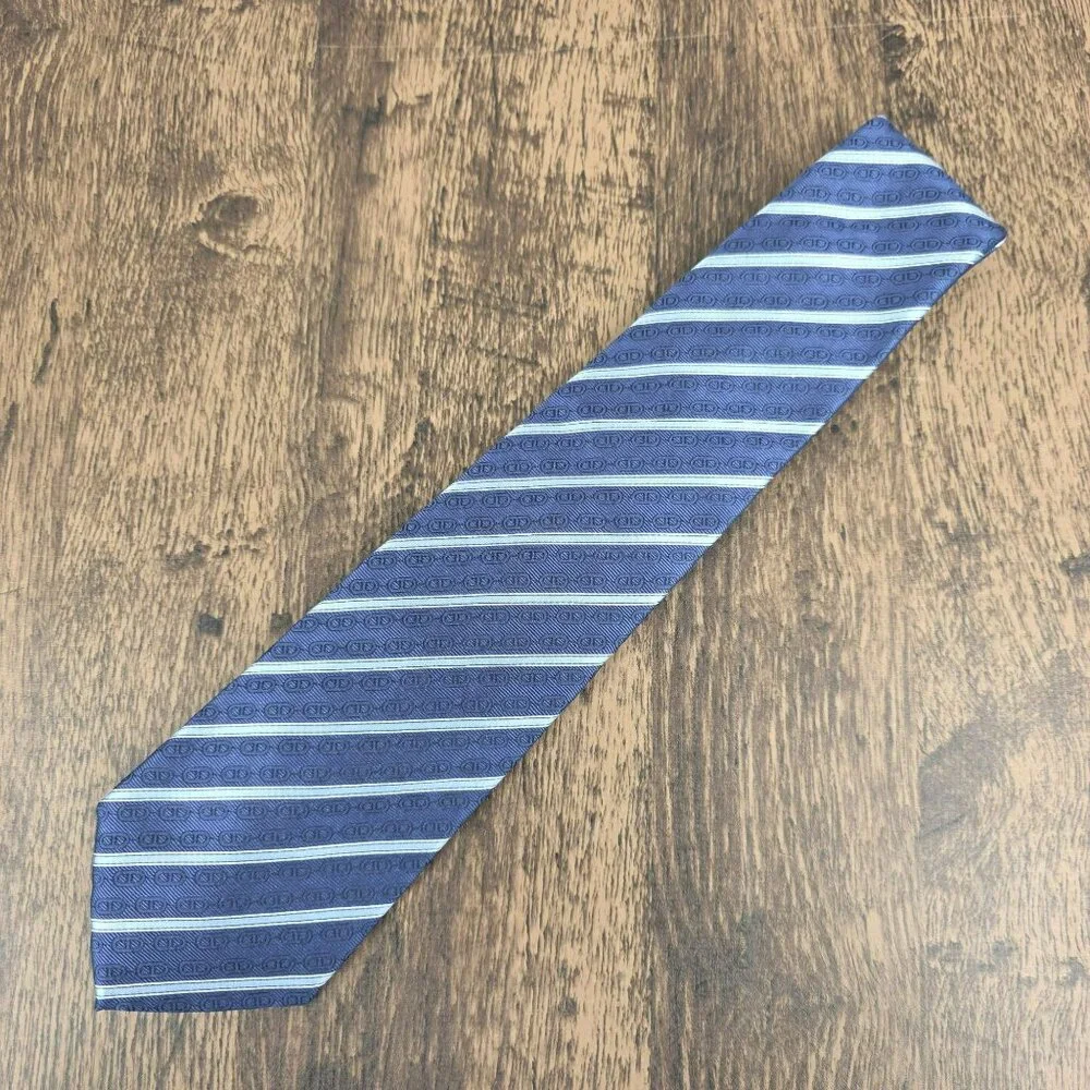 Celine Neck Tie 100% Silk Blue Striped Chain Designer Italian Quality Corpcore